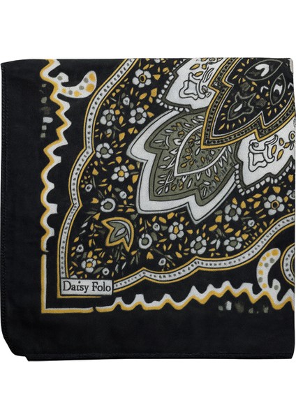 Kadın Siyah Zeminli Yeşil Sarı Etnik Desenli Soft Saten Kare Eşarp fiyatları