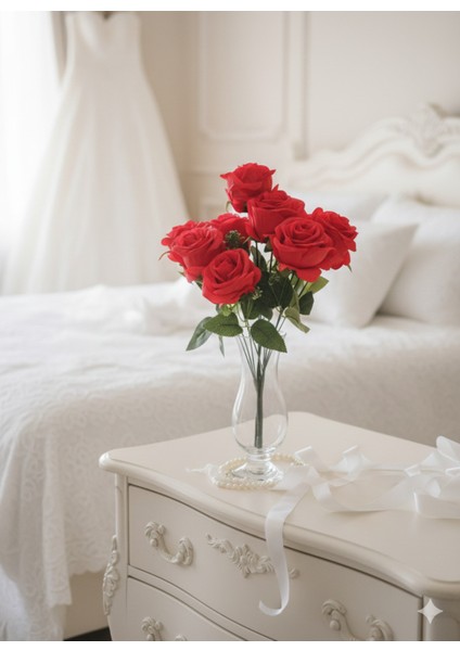 1 Adet 10 Dallı Kırmızı Zerafet Gülü Ev Vazo Dekor