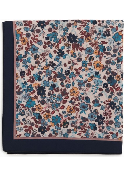 Kadın Mavi Bordo Çiçek Desenli Eşarp – Lacivert Bordürlü Modern Tasarım