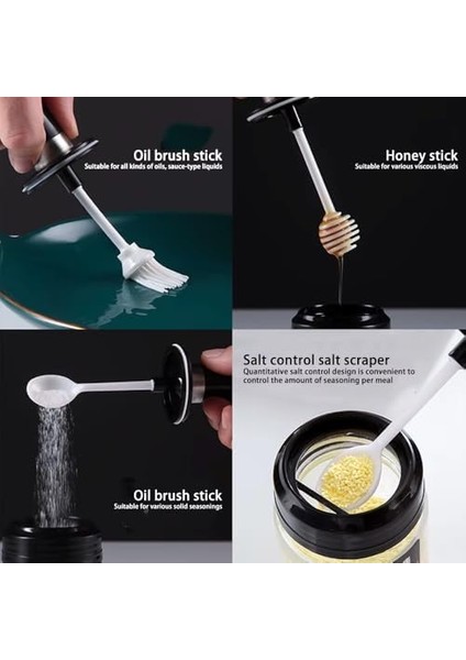 Cam Baharatlık Seti, 6&apos;lı, Kendinden Fırçalı ve Kaşıklı, Bal Kavanozu, Siyah Kapaklı Set, 300 ml Baharatlık Kavanoz Ballık Seti