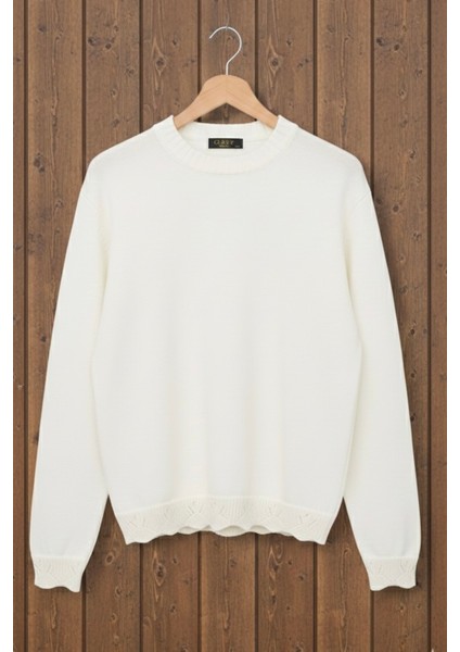 Krem Bisiklet Yaka Kol ve Etek Ucu Güpür Detaylı Triko Kazak