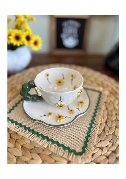 3D Kabartmalı Sarı Çiçekli/papatyalı El Yapımı Seramik Fincan ve Tabak fiyatları