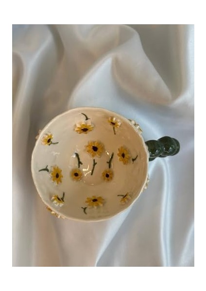 3D Kabartmalı Sarı Çiçekli/papatyalı El Yapımı Seramik Fincan ve Tabak modelleri