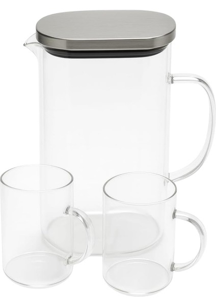 1800 ml Cam Sürahi ve 2’li Bardak Seti – Paslanmaz Çelik Kapaklı Dayanıklı Şeffaf Su, Çay, Meyve Suyu Servis Seti