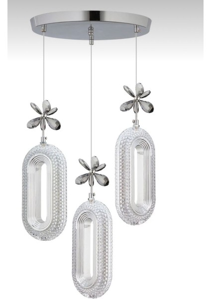 3'li Krom Kaplama Sarkıt LED Salon Avize 3 Renk Ledli