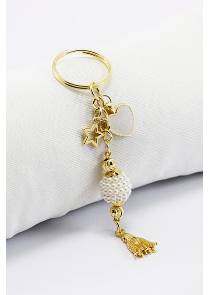 Kalpli Yıldızlı Incili Püsküllü Küçük Anahtarlık, Hediyelik Çanta Süsü