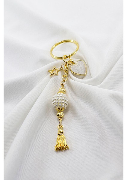 Kalpli Yıldızlı Incili Püsküllü Küçük Anahtarlık, Hediyelik Çanta Süsü fırsatları