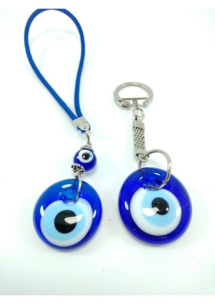 Nazar Boncuğu Anahtarlık Araba / Dikiz Ayna Süsü Sade Ikili Set El Yapımı Cam Hediyelik Eşya