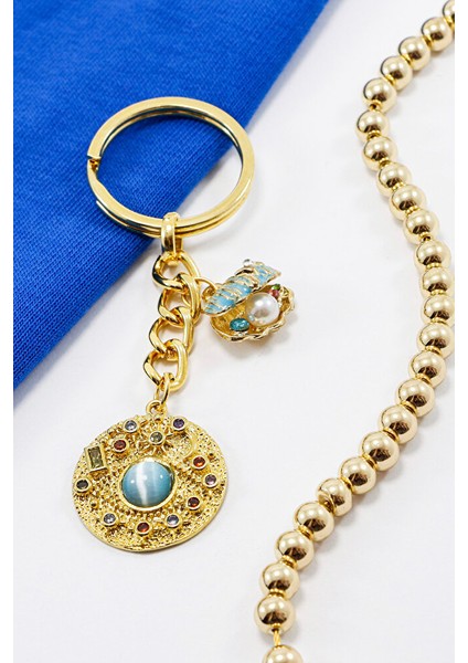 Komple Altın Kaplama Renkli Parlak Taşlı Incili Deniz Kabuklu Anahtarlık, Hediyelik Çanta Süsü