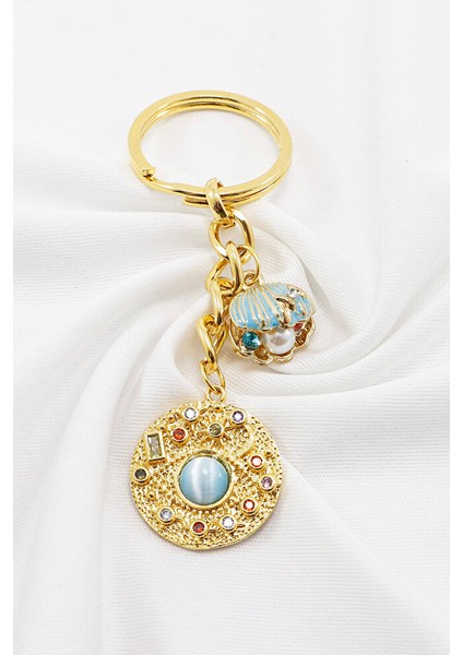 Komple Altın Kaplama Renkli Parlak Taşlı Incili Deniz Kabuklu Anahtarlık, Hediyelik Çanta Süsü modelleri