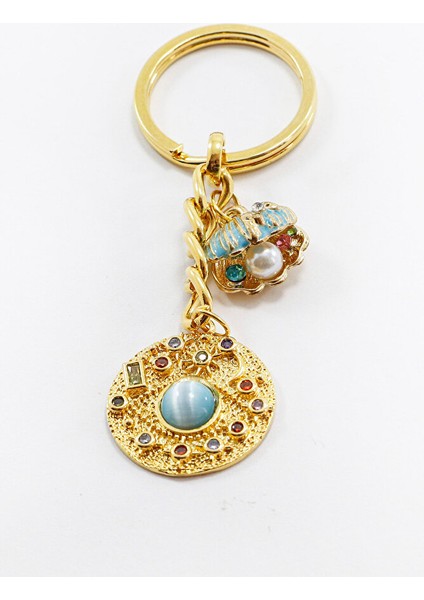Komple Altın Kaplama Renkli Parlak Taşlı Incili Deniz Kabuklu Anahtarlık, Hediyelik Çanta Süsü fırsatları