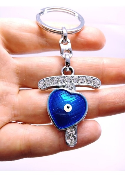 Kalp Nazar Boncuğu Metal Kristal Taşlı T Harfi Anahtarlık Hediyelik Aksesuar