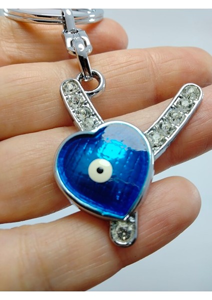 Kalp Nazar Boncuğu Metal Kristal Taşlı Y Harfi Anahtarlık Hediyelik Aksesuar