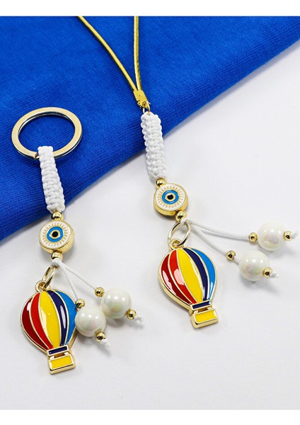 Beyaz Renkli Çerçeveli Nazar Boncuklu Renkli Uçan Balon Salkım Anahtarlık, Dikiz Ayna Süsü 2'li Set