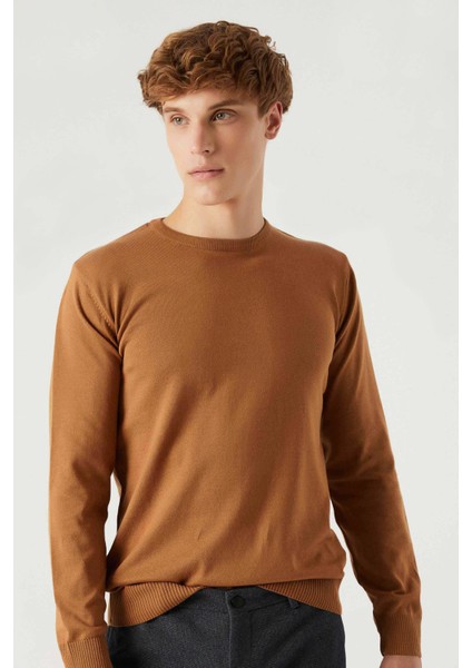 Ds Damat Regular Fit Camel Tüylenme Yapmayan Bisiklet Yaka Pamuklu Triko Kazak