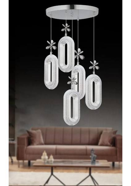 5'li Krom Kaplama Sarkıt LED Salon Avize 3 Renk Ledli