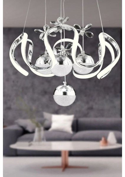 Kumandalı 3 Renk Işık Özellikli 4 Toplu Modern Krom Kaplama Sarkıt LED Avize Salon Avize