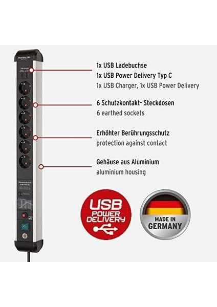 Premium-Protect- 6&apos;lı Priz, USB Power Delivery Tip C ve Aşırı Gerilim Korumalı (Şalterli Çoklu Priz, USB Power Delivery Tip C ve USB 3.0 A, Almanya&apos;da Üretilmiştir) fiyatları