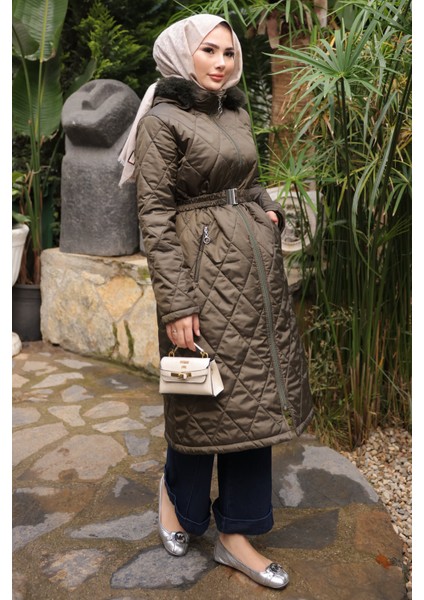 Haki Kapüşonlu Fermuarlı Kapitone Mont fiyatları