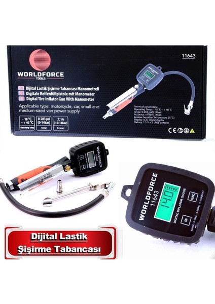 Dijital Lastik Şişirme ve Basınç Ölçme Tabancası Profesyonel 0-14 Bar