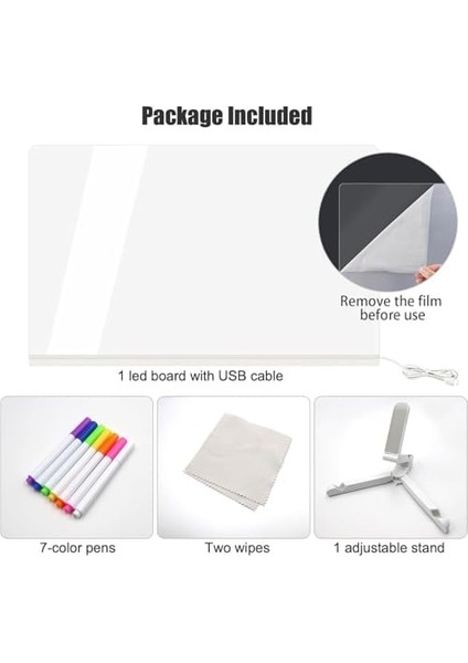 LED Işıklı Akrilik Yazı Tahtası – 20X20 cm Şeffaf Masaüstü Not Panosu, USB Bağlantılı, 7 Renkli Kalem ve Stand Dahil, Çocuklar Için Eğlenceli Yazı Tahtası, Masa Dekoratif Ledli Işık Panosu (20X30 Cm)