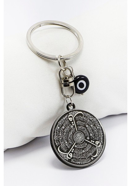 Yassı Nazar Boncuklu Siyah Çelik Çift Taraflı Ayetel Kürsi Allah Lafzı Felak Nas Ihlas Anahtarlık fiyatları