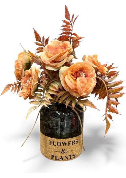 Cam Vazoda Turuncu Şakayık Aranjmanı (30X25 Cm) -Dekoratif Yapay Çiçek