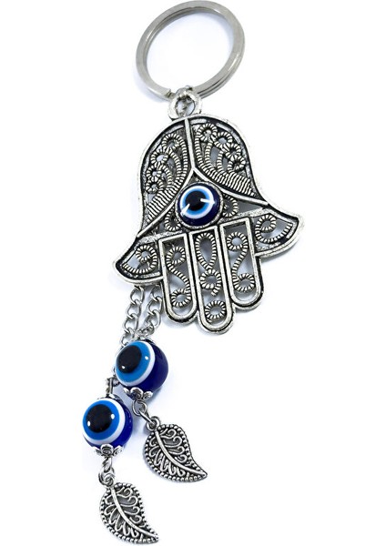 Özel Tasarım Nazarlı Metal Hamse Salkım Zincir Anahtarlık, Metal Yapraklı Hediyelik Anahtarlık