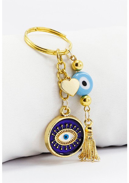 Lacivert Mineli Çerçeveli Göz Mavi Nazarlı Anahtarlık, Kalpli Hediyelik Çanta Süsü