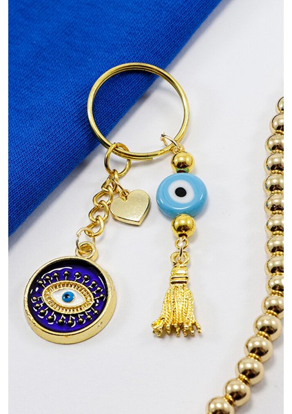Lacivert Mineli Çerçeveli Göz Mavi Nazarlı Anahtarlık, Kalpli Hediyelik Çanta Süsü fiyatları