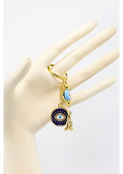 Lacivert Mineli Çerçeveli Göz Mavi Nazarlı Anahtarlık, Kalpli Hediyelik Çanta Süsü fırsatları