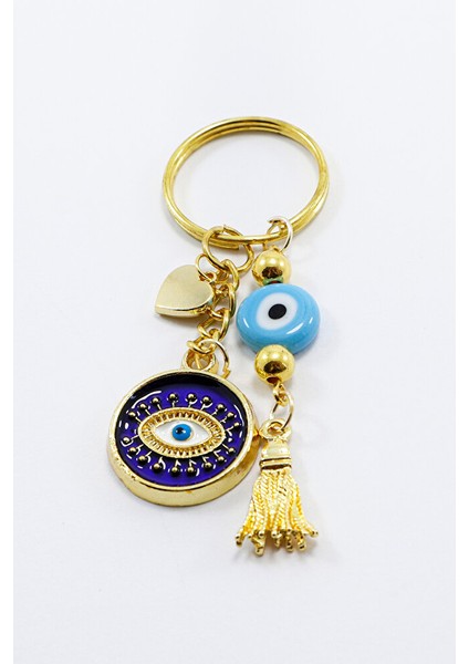 Lacivert Mineli Çerçeveli Göz Mavi Nazarlı Anahtarlık, Kalpli Hediyelik Çanta Süsü indirimleri