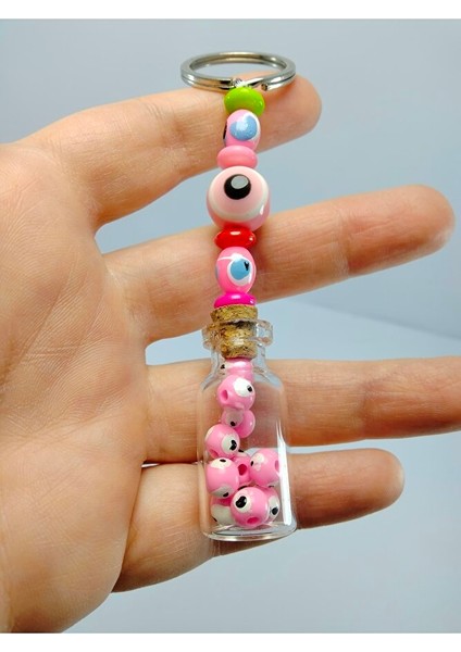 Nazar Boncuğu Anahtarlık El Yapımı Şişe Pembe Hediyelik Aksesuar