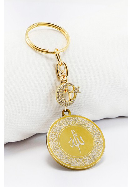 Gold Renkli Ay Yıldızlı Çelik Çift Taraflı Ayetel Kürsi Allah Lafzı Felak Nas Ihlas Anahtarlık