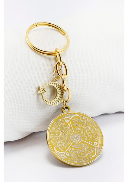 Gold Renkli Ay Yıldızlı Çelik Çift Taraflı Ayetel Kürsi Allah Lafzı Felak Nas Ihlas Anahtarlık fiyatları