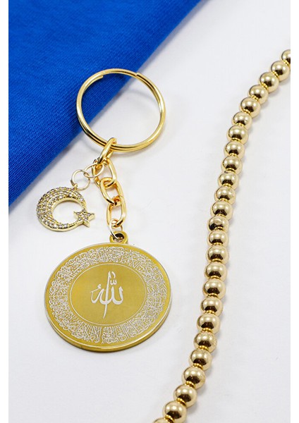 Gold Renkli Ay Yıldızlı Çelik Çift Taraflı Ayetel Kürsi Allah Lafzı Felak Nas Ihlas Anahtarlık modelleri