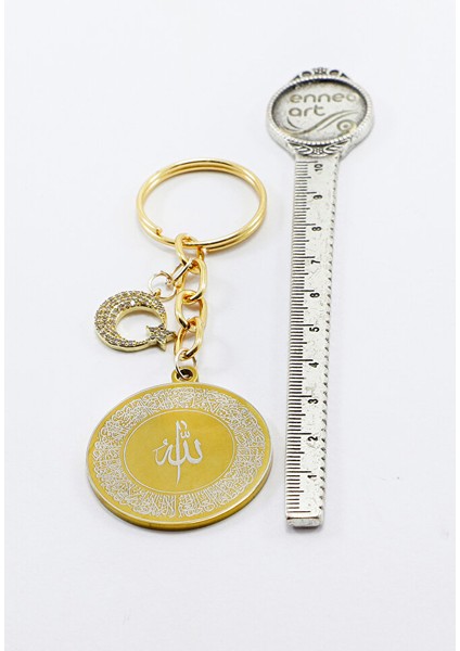 Gold Renkli Ay Yıldızlı Çelik Çift Taraflı Ayetel Kürsi Allah Lafzı Felak Nas Ihlas Anahtarlık indirimleri