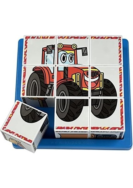 Çalışkan Araçlar 3D Küp Puzzle - (9 Küp 6 Yapboz) - Kepçe/itfaiye/traktör/vinç/kamyon/forklift
