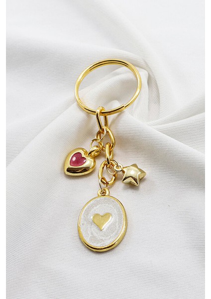 Sedefli Bombeli Kalp Yıldızlı Anahtarlık, Hediyelik Anahtarlık