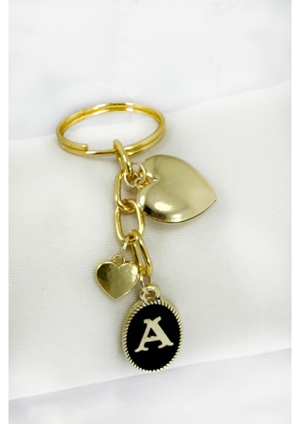 Gold Renkli A Harfli Bombeli Kalp Salkım Anahtarlık, Hediyelik Anahtarlık