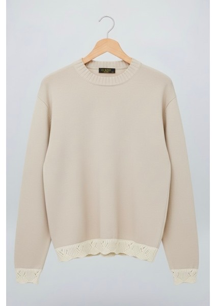 Taş Bisiklet Yaka Kol ve Etek Ucu Güpür Detaylı Triko Kazak