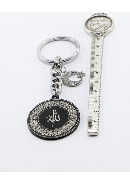 Ay Yıldızlı Siyah Çelik Çift Taraflı Ayetel Kürsi Allah Lafzı Felak Nas Ihlas Anahtarlık indirimleri