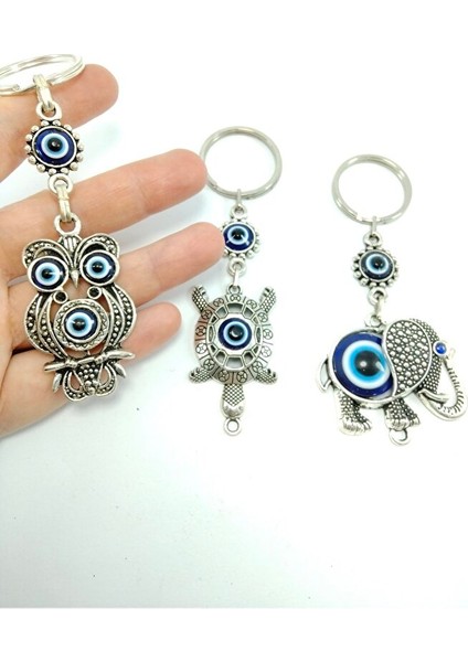 Üçlü Metal Nazar Boncuklu Baykuş/ Kaplumbağa / Fil Anahtarlık Seti El Yapımı Hediyelik Eşya