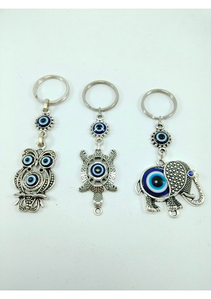 Üçlü Metal Nazar Boncuklu Baykuş/ Kaplumbağa / Fil Anahtarlık Seti El Yapımı Hediyelik Eşya fiyatları