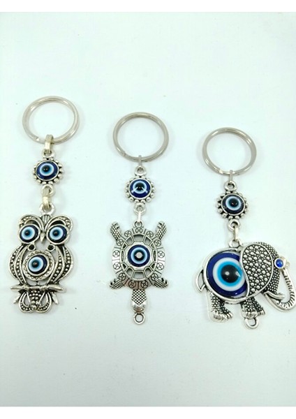Üçlü Metal Nazar Boncuklu Baykuş/ Kaplumbağa / Fil Anahtarlık Seti El Yapımı Hediyelik Eşya modelleri