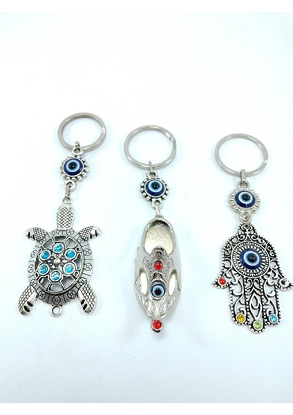 Üçlü Metal Nazar Boncuklu Anahtarlık Seti El Yapımı Hediyelik Eşya