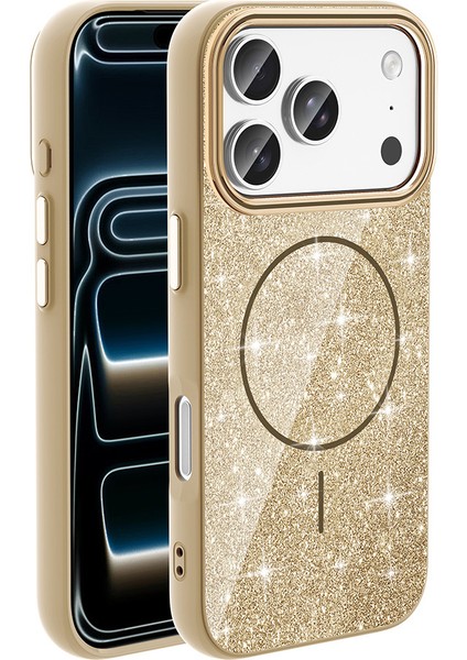 iPhone 17 Pro Kılıf M-Safe Şarj Özellikli Parlayan Simli Okso Kılıf