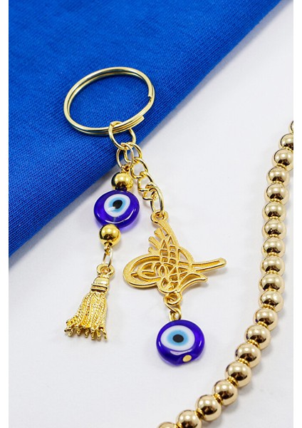 Gold Renkli Nazar Boncuklu Salkım Osmanlı Tuğrası Anahtarlık, Nazarlı Hediyelik Çanta Süsü