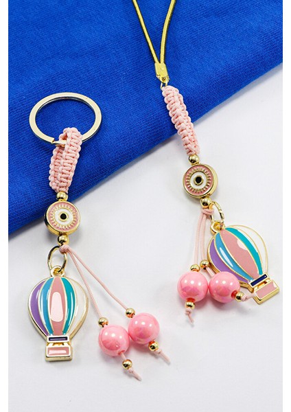 Şeker Pembe Çerçeveli Nazar Boncuklu Renkli Uçan Balon Salkım Anahtarlık, Dikiz Ayna Süsü 2'li Set