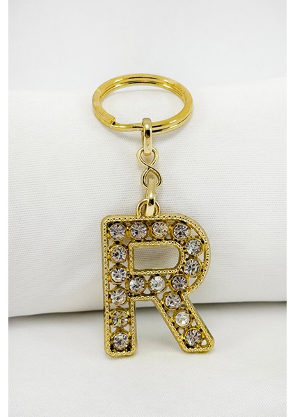 Gold Renkli Parlak Taşlı R Harfi Anahtarlık, Hediyelik Harfli Anahtarlık